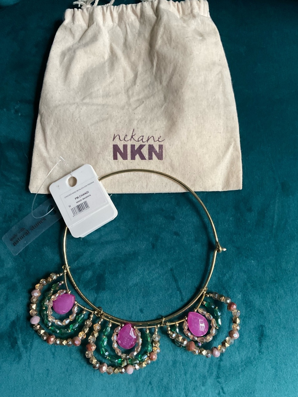 NWT NKN Nekane Chandi Statement Choker Necklace Natural Stones Magenta